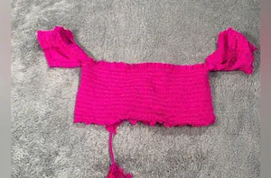 Pilyq swim top smocked sleeves fuschia pink small thumbnail 1