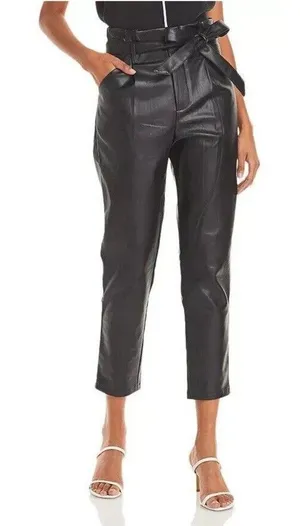 Lucy Paris Womens Faux Leather Paperbag-Waist Pants Black Belted Size Small thumbnail 1