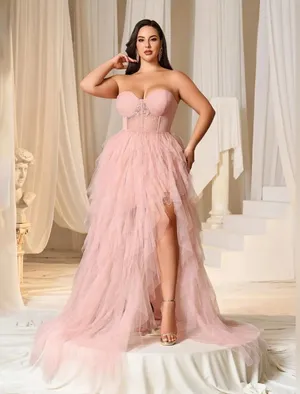 NEW Faeriesty Pink Lace Bodice Contrast Layered Mesh Hem Prom Dress Size Medium thumbnail 1