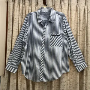 Aerie Blue and White Striped Button-Up Shirt With Pocket thumbnail 1