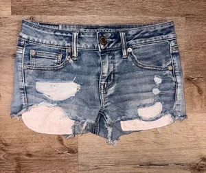 American Eagle Outfitters Blue Distressed Denim Shorts with Lace Panels thumbnail 1