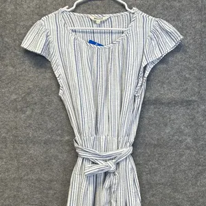 BRIGGS Linen Blend Midi Dress L Blue Striped Flutter Sleeve Belted NWT Coastal thumbnail 5