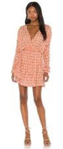 Amuse Society Spellbound Woven Mini Dress Ruched Long Sleeve Ruffle Peach Medium thumbnail 1