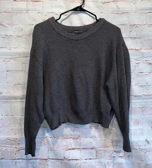 Zara knit crew neck semi cropped sweater pullover grey long sleeve L ribbed thumbnail 1