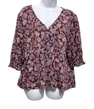 Lucky Brand Women Boho Cottage Floral Top XL Maroon Romantic Fairy Whimsical thumbnail 1