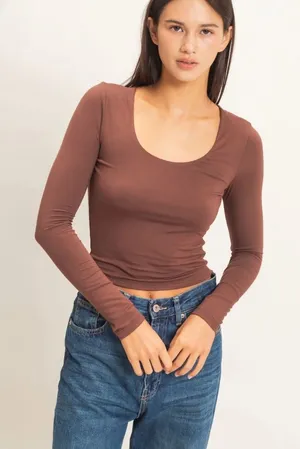 NEW 🤎 Double Zero Chocolate Brown Scoop Neck Long Sleeve Tee – Medium thumbnail 1