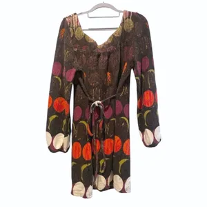 Aryeh Tunic Dress Brown‎ Multi Polka Dot Boho Knit Square Neck Womens Large thumbnail 3