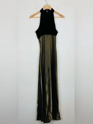 Vintage Roberta 90s Gold Lamé Bias Cut Velvet Halter Maxi Gown 9/10 thumbnail 2