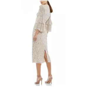 NWT Mac Duggal FULLY SEQUINED TIERED 3/4 SLEEVE MIDI Nude Size 6 thumbnail 3