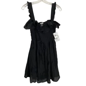 Wild Moss Womens Smocked Body‎ Mini Dress Black Floral Embroidered Ruffle L NWT thumbnail 2