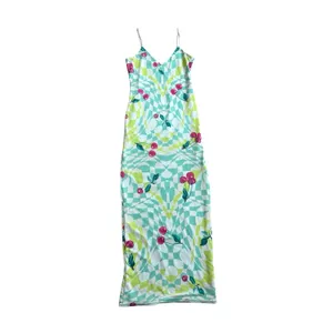 AFRM Amina Mesh Midi Slip Dress Size XS Green Checkered Red‎ Cherry Print thumbnail 3