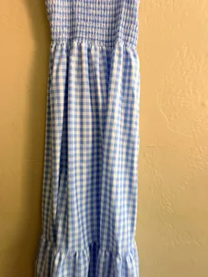 Smocked Gingham Maxi Dress with Ruffle Straps - Light Blue, length 52" thumbnail 2