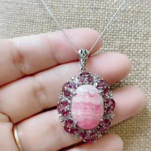 Sterling Silver 925 Oval Rhodochrosite + Rhodolite Pendant Necklace 20" Chain thumbnail 2