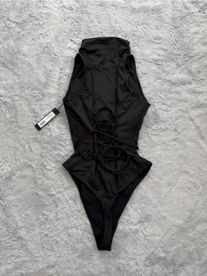 TA3 Sleeveless Surfy Thong Snatched Waist Lace Back Swimsuit Black Medium Reg thumbnail 5