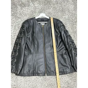 Vintage Women’s Black Leather Jacket Lace Up Studded Biker Y2K Punk Goth Size S thumbnail 11