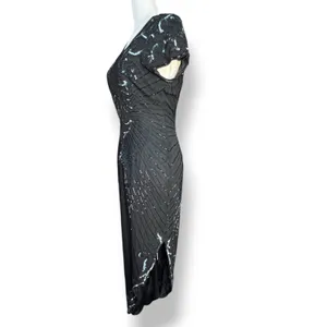 Vintage Black Beaded Sequin Evening Gown Maxi Dress Art Deco Formal Glam Elegant thumbnail 7