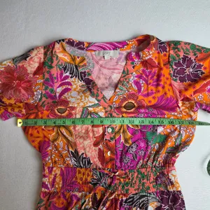 LOFT‎ NWOT Floral Patchwork Smocked Mini Dress Orange Pink Multi Summer Small thumbnail 9