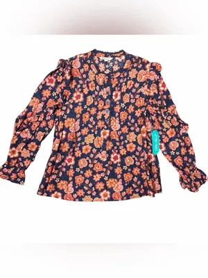 The Pioneer Woman XL Floral Pleated Ruffle Henley Blouse Boho NWT thumbnail 4