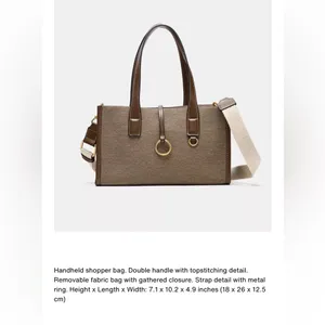 Zara NWT tan brown and taupe woven fabric shopper handbag top handle purse thumbnail 2