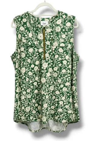 Fyve Womens 2X Green Cream Floral Sleeveless Half Zip Blouse Pockets Jersey Knit thumbnail 1