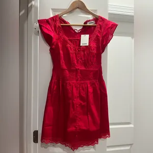 NWT Danielle Guizio Lille Pintuck Cotton Lace Trim Mini Dress Red Love XS thumbnail 6