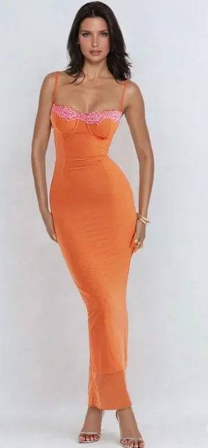 Cherley Orange & Pink Lace Bust Maxi Dress – Size Small thumbnail 1
