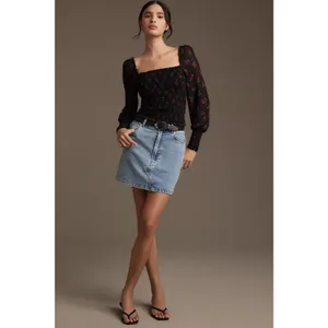 Reformation Pinto Black Long-Sleeve Rose Print Square-Neck Top Sz 10 thumbnail 6