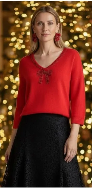 VINTAGE NORTON MCNAUGHTON Beaded Christmas Bow Sweater thumbnail 1