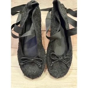 ZARA 37 / 6.5 women's black ballet flat slipper lace ankle tie shoe tweed ribbon thumbnail 2
