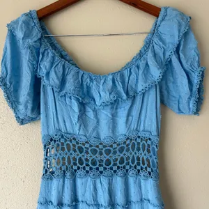 Free People Boho Blue Puff Sleeve Mini Dress Size 6 thumbnail 3