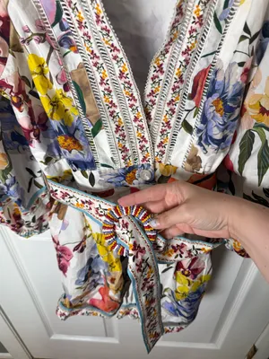 Farm Rio Greek Garden Long Sleeve Plunge Neck Cotton Romper S thumbnail 6