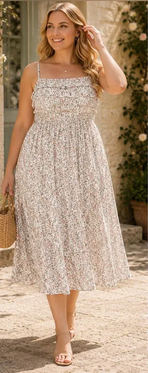 Peach Floral Spaghetti Strap Midi Dress Large Cottagecore Summer Wedding Guest thumbnail 1