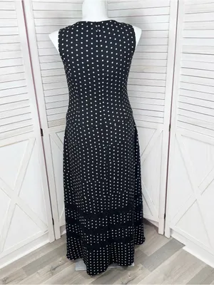 Anne Klein Polka Dot Lace Inset Sleeveless Maxi Dress Black White 12 Chiffon thumbnail 4