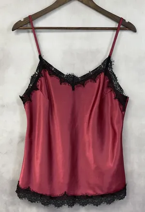 Satin Lace Trim Cami Tank‎ Top Women Large Red Black Coquette Romantic Goth Y2K thumbnail 1