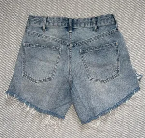 Free People Faded Blue Medium Wash Distressed Long Denim Cut Off Shorts Sz 24 thumbnail 3