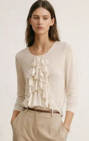 Ralph Lauren ultra fine knit semi-sheer ivory knit long sleeve ruffle top. Large thumbnail 1