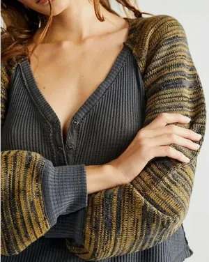 Free People Grey Yellow Stripe Sweet Confession Henley Waffle Knit Pullover thumbnail 2