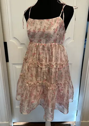Altar’d State Spaghetti Strap Pink Floral Ruffled Dress thumbnail 1