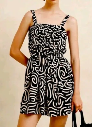 Banana Republic Factory Linen Blend Mini Dress Abstract Black/Beige sz M Pockets thumbnail 1
