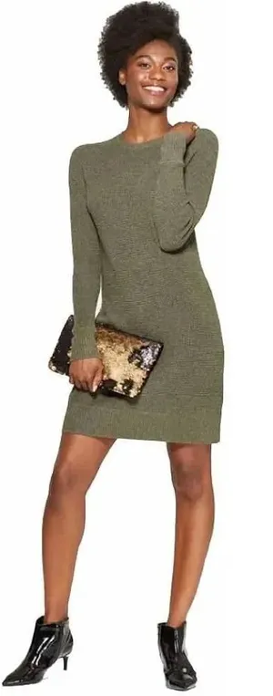 A New Day Olive Green Waffle Knit Long Sleeve Crew Neck Sweater Dress L thumbnail 1