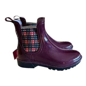 Burgundy Chelsea Ankle Rain Boots Size 9 Waterproof Plaid Elastic NWT thumbnail 5