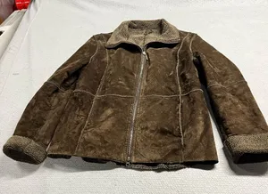 New York by Winlit Brown 100% Leather Shearling Vintage Collar Full Zip Jacket L thumbnail 1