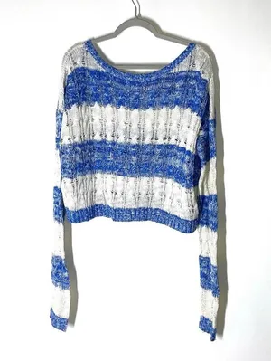 Abercrombie & Fitch Blue and White Stripe Cropped Knit Sweater Size Large thumbnail 6