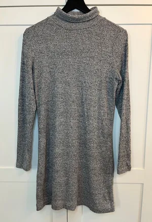 Lou & Gray Heathered Gray Ribbed Turtle Neck Long Sleeve Dress - Size Medium thumbnail 1