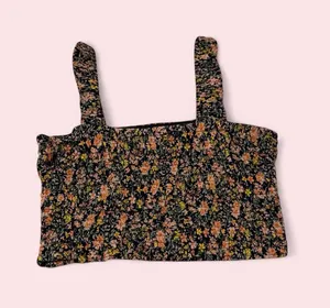 American Eagle Outfitters Black Floral Smocked Crop Tank thumbnail 1