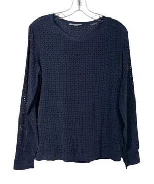 Equipment Femme Navy Blue Perforated 100% Silk Long Sleeve Sheer Blouse Minimal thumbnail 1