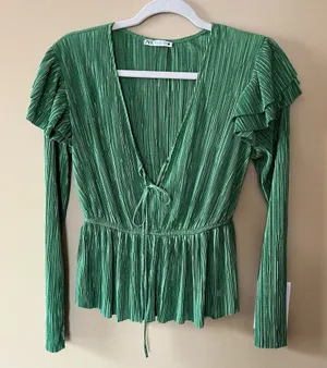 Zara Bright Green Ruffle Sleeve Ribbed Blouse thumbnail 1