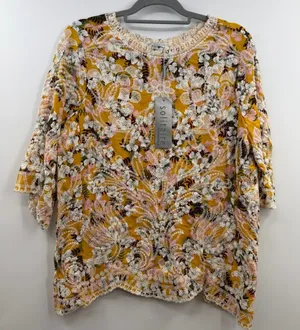 Solitaire Ravi Khosla Embroidered Tunic Womens L Mustard Boho Floral NWT thumbnail 1