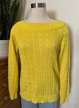 Vintage‎ Lauren Ralph Lauren Yellow Cable Knit Sweater Preppy Boat Neck Knit thumbnail 1