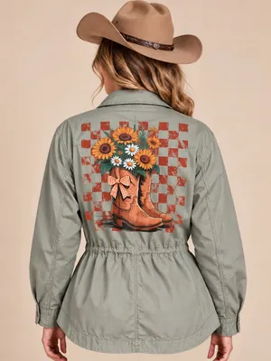 Custom Abercrombie & Fitch Utility Jacket Women’s XL Western Sunflower Boots thumbnail 2
